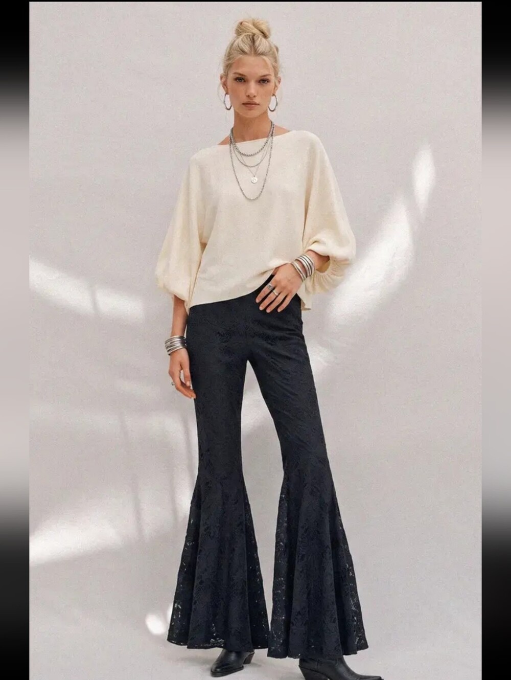 NEW Boho Western Black Lace Bell Pants With Lining 33" Inseam